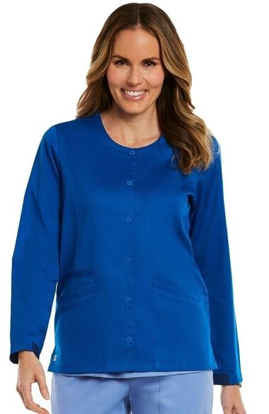 Women's Round Neck Snap Front Solid Scrub Jacket, , large