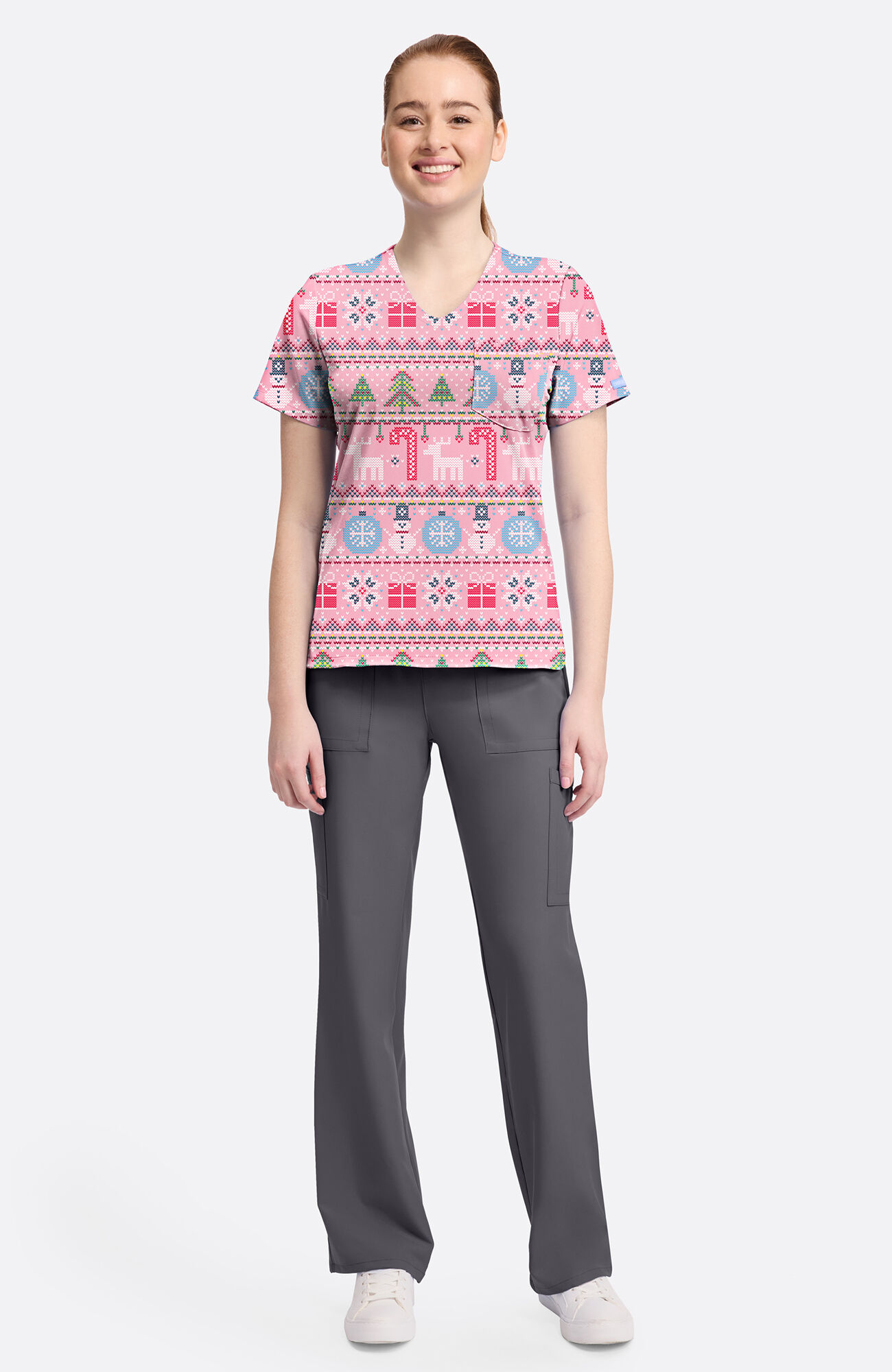 Women's Festive Fair Isle Print Scrub Top