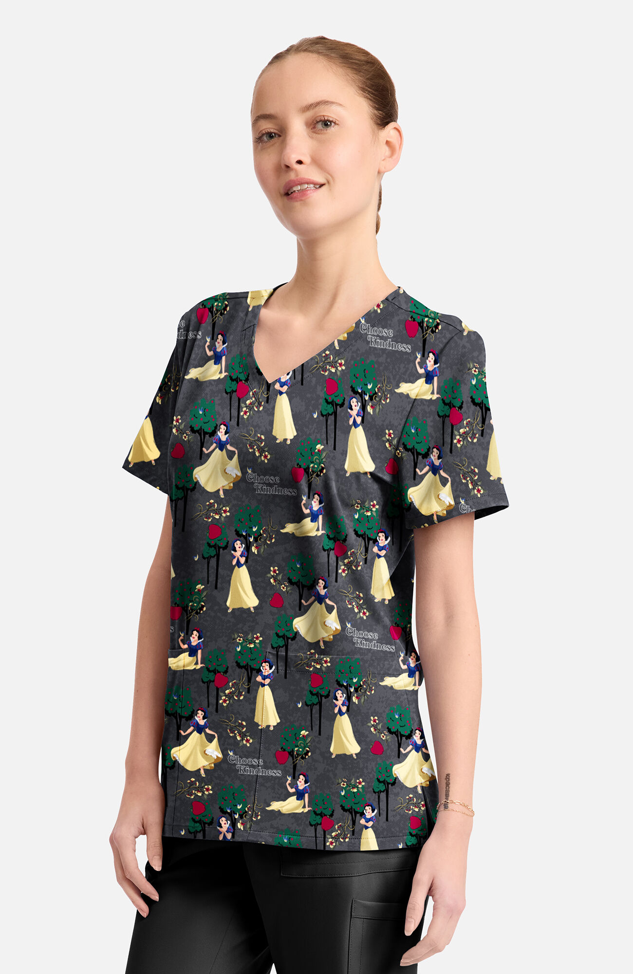 Women's Snow White Sending Kindness Print Scrub Top, , large