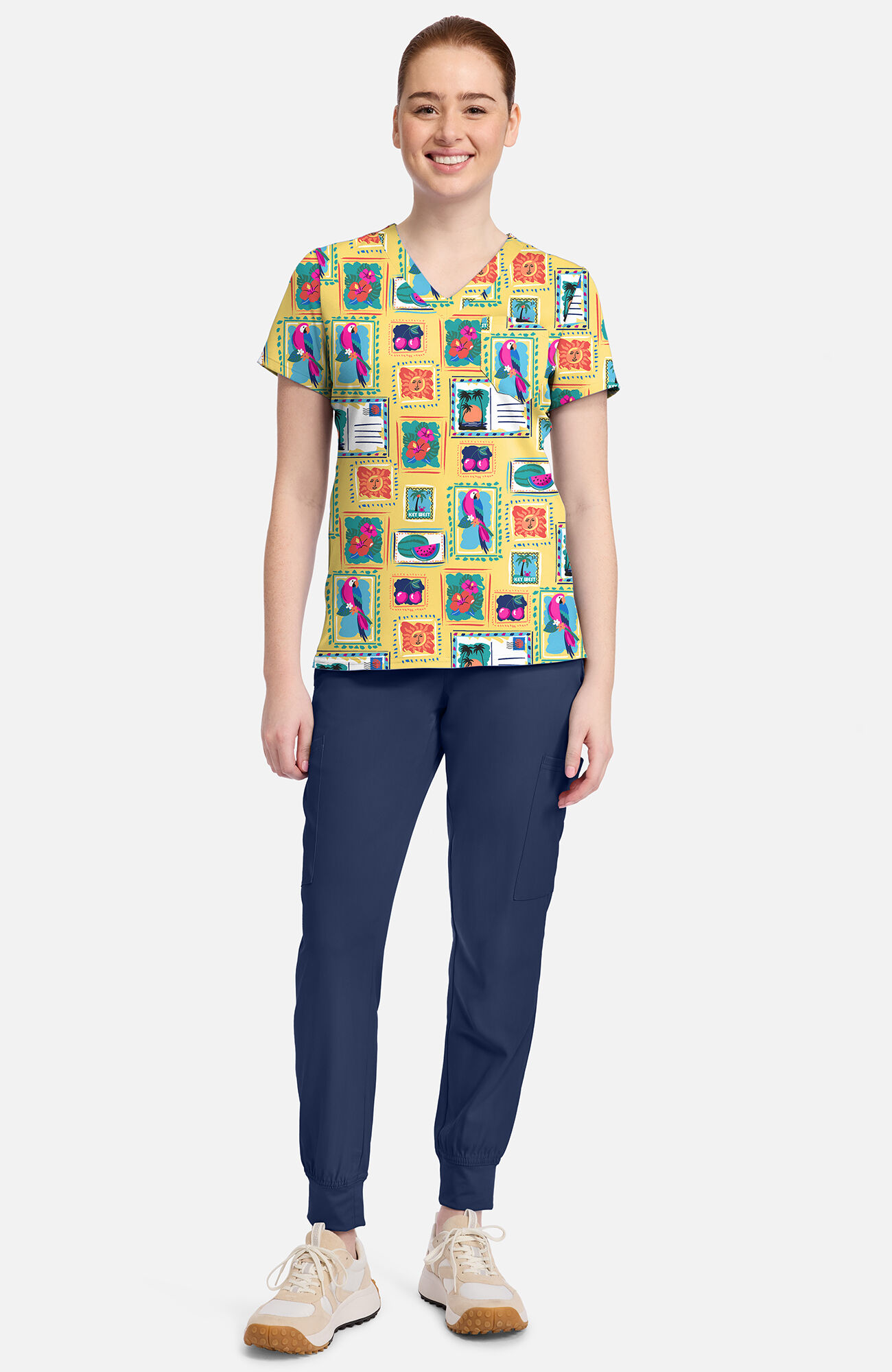 Women's V-Neck Vacation Post Card Print Scrub Top