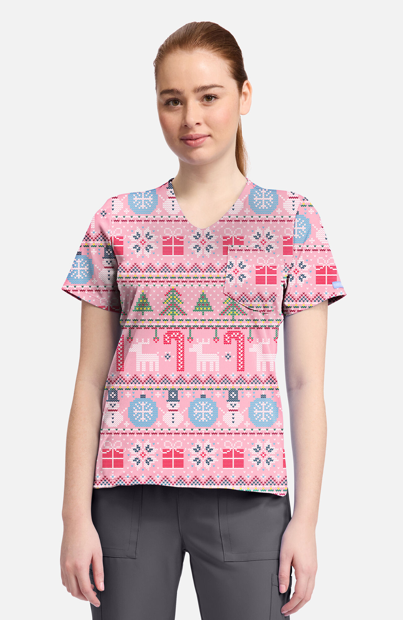 Women's Festive Fair Isle Print Scrub Top