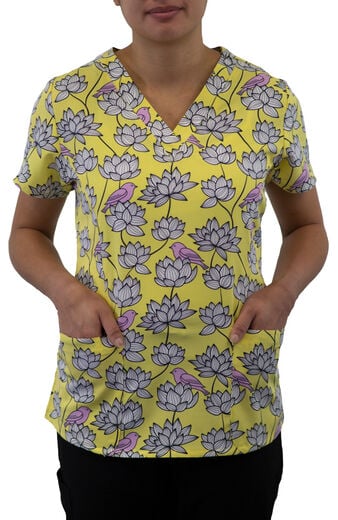 Clearance Women's Curved V-Neck Birds In Bloom Print Top