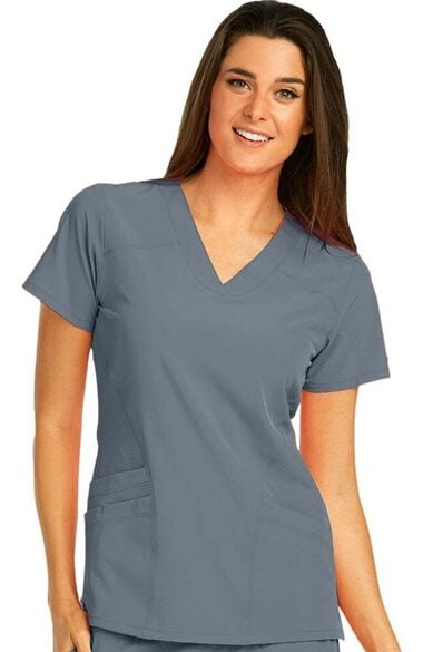 Clearance Women's V-Neck Perforated Side Panel Solid Scrub Top, , large