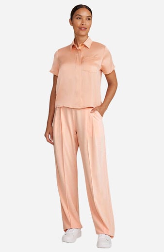 Women’s Scrub Set: Cropped Button-Up Top & Pleated Wide Leg Pant Women’s Scrub Set: Cropped Button-Up Top & Pleated Wide Leg Pant