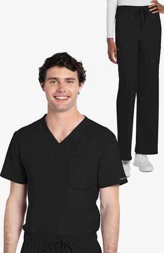 Unisex Scrub Set: Tuck-In 1-Pocket V-Neck Top & 3-Pocket Straight Leg Drawstring Pant Unisex Scrub Set: Tuck-In 1-Pocket V-Neck Top & 3-Pocket Straight Leg Drawstring Pant