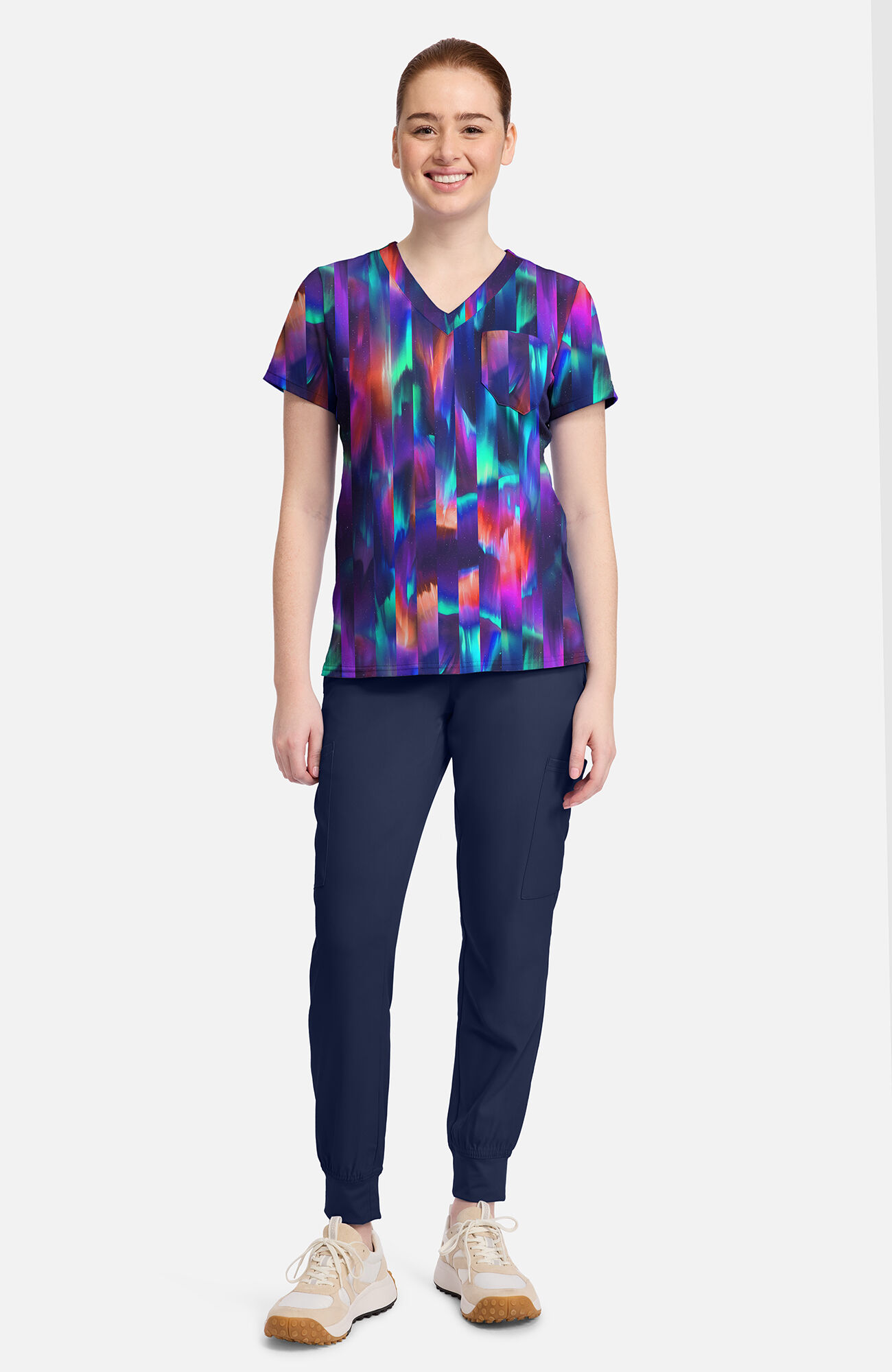 Women's V-Neck Aurora Stripe Print Scrub Top, , large