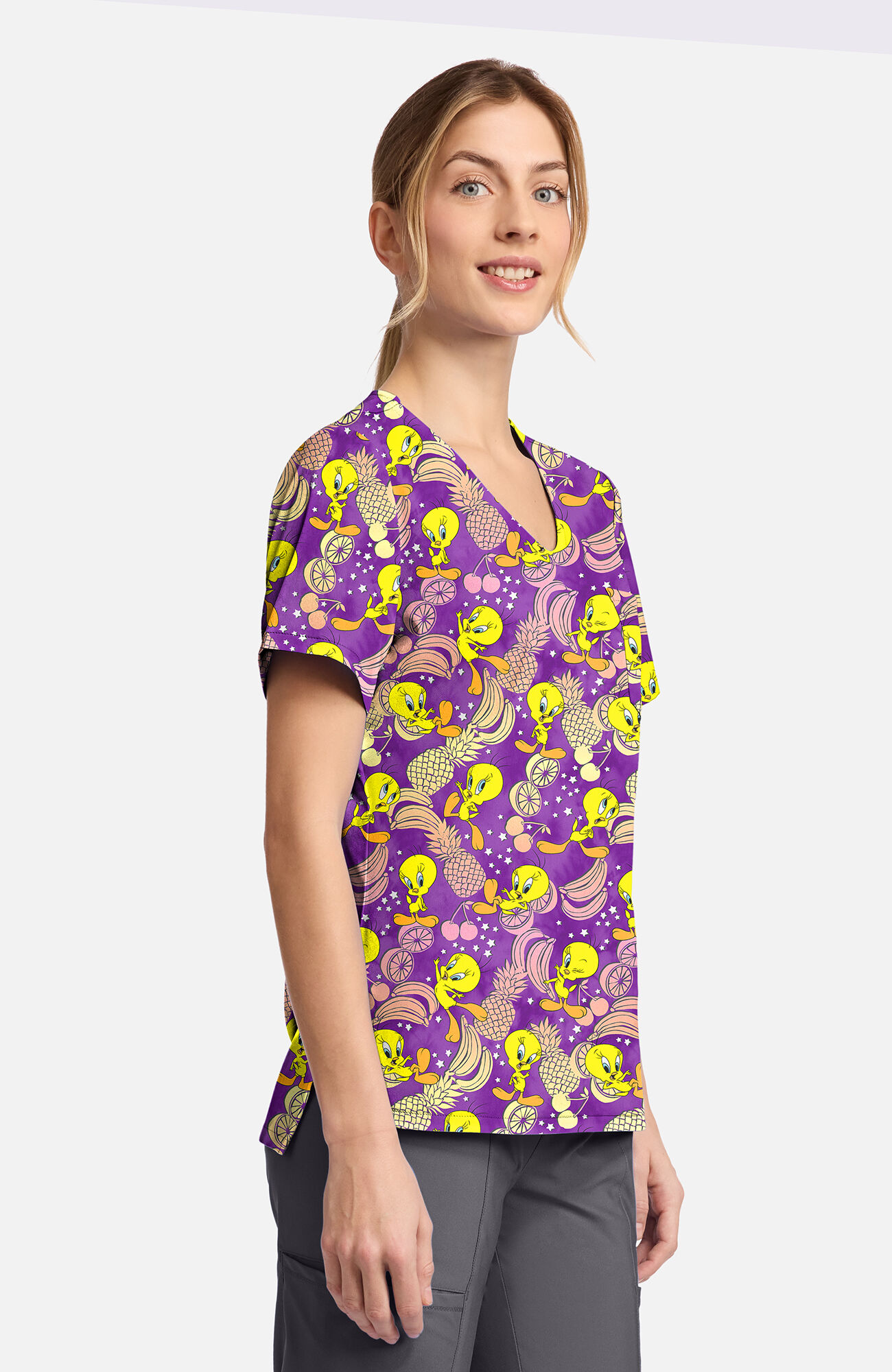 Women's Tropical Tweety Print Scrub Top, , large