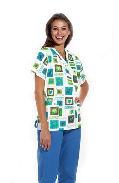 Clearance Women's Discount V-Neck 2-Pocket Tunic Style Heart Print Scrub Top, , large