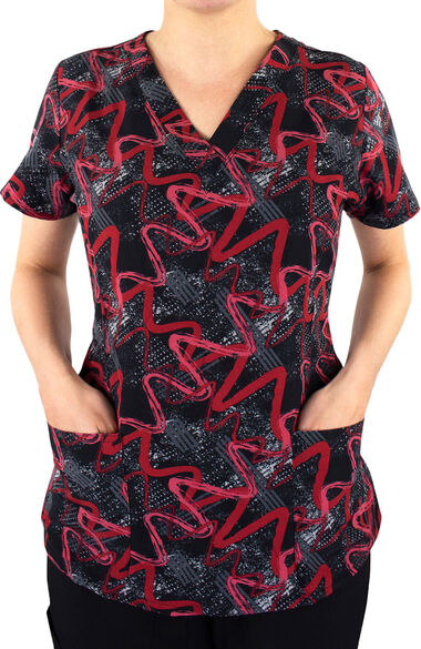 Clearance Women's Abstract Wavy Print Scrub Top, , large
