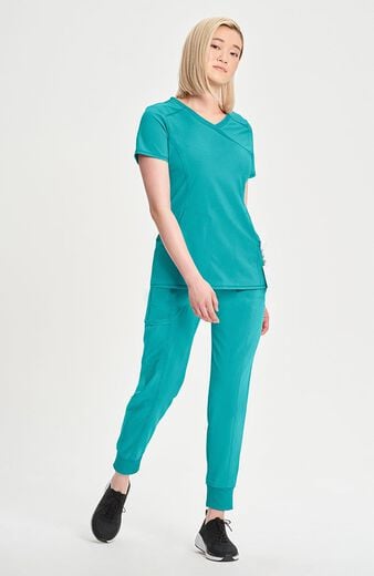 Women's 4-Pocket Knit Panel Mock Wrap Scrub Top Women's 4-Pocket Knit Panel Mock Wrap Scrub Top