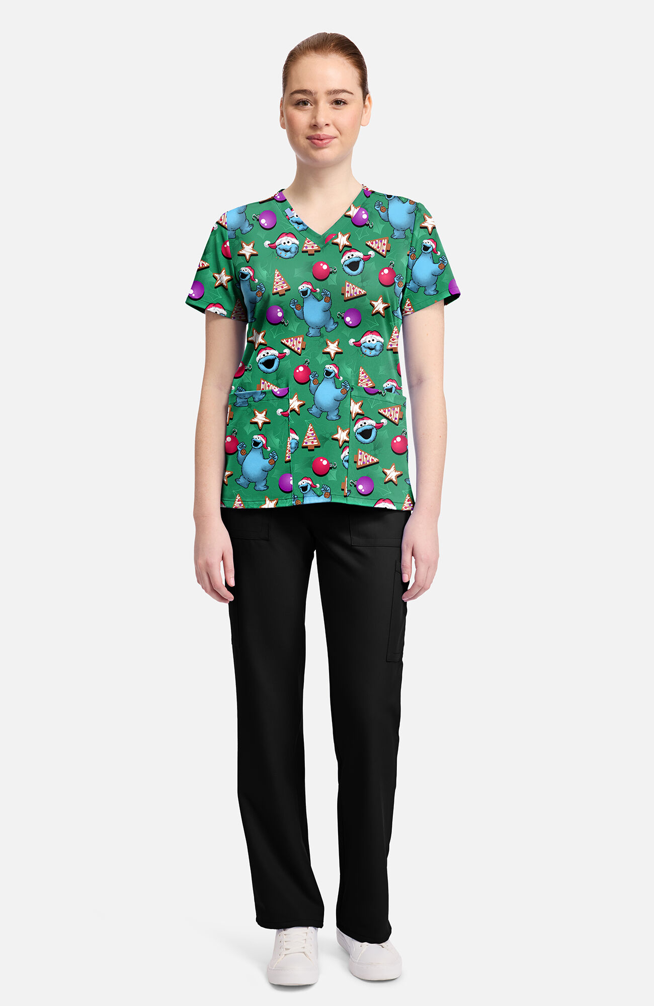 Women's Christmas Cookie Monster Print Scrub Top