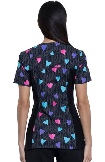 Clearance Women's V-Neck Knit Panel Heart Print Scrub Top