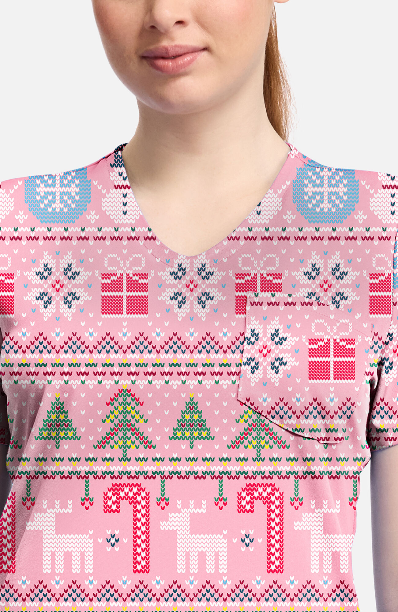 Women's Festive Fair Isle Print Scrub Top, , large