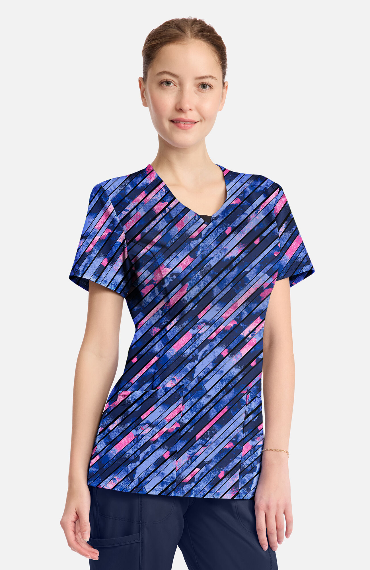 Women's Round Neck Staggered Marble Print Scrub Top, , large