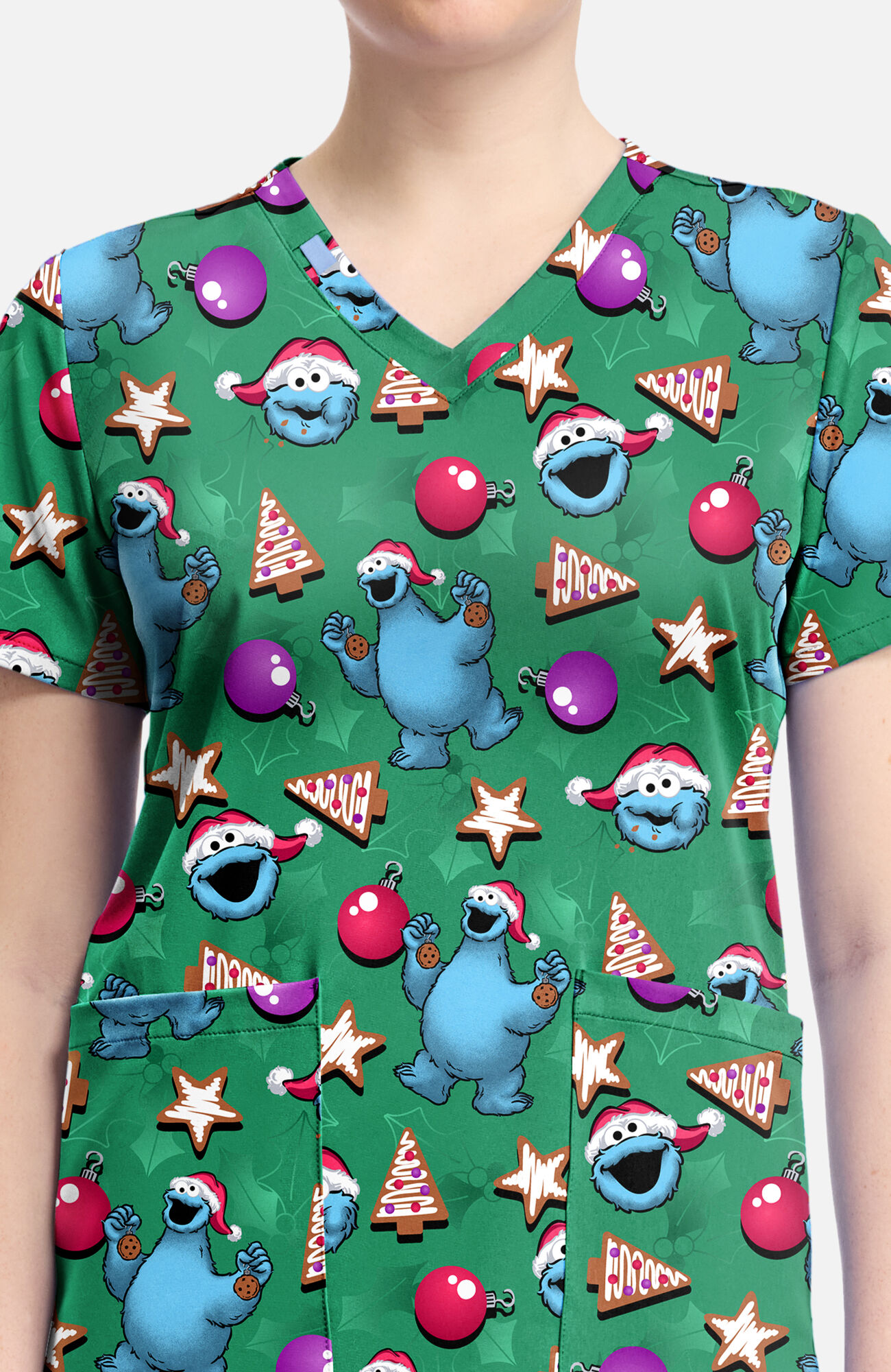 Women's Christmas Cookie Monster Print Scrub Top, , large