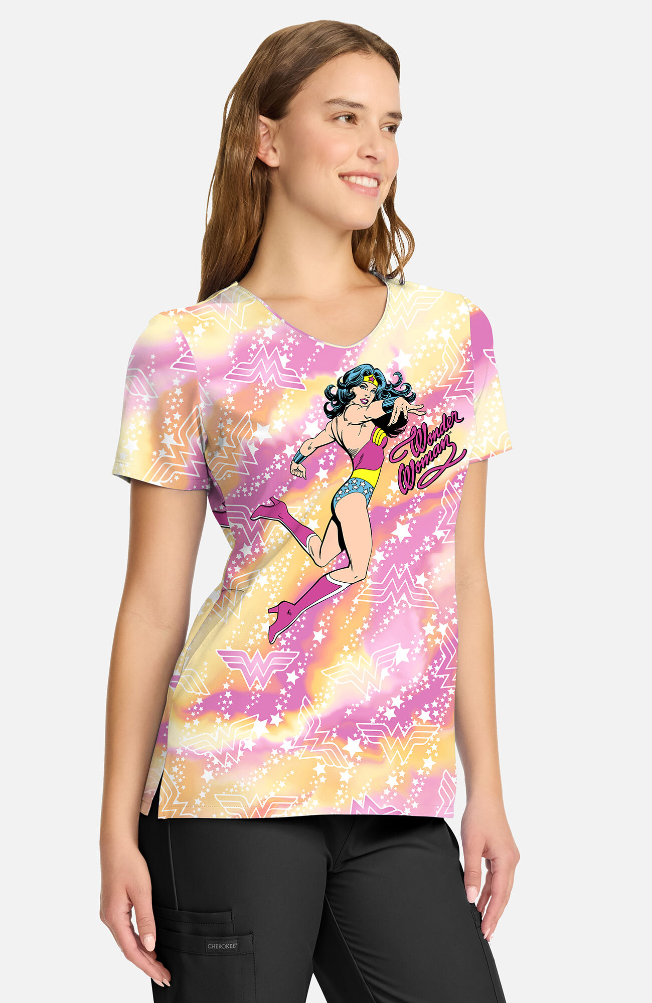 Women's Tiger Tie Dye Wonder Woman Print Scrub Top, , large