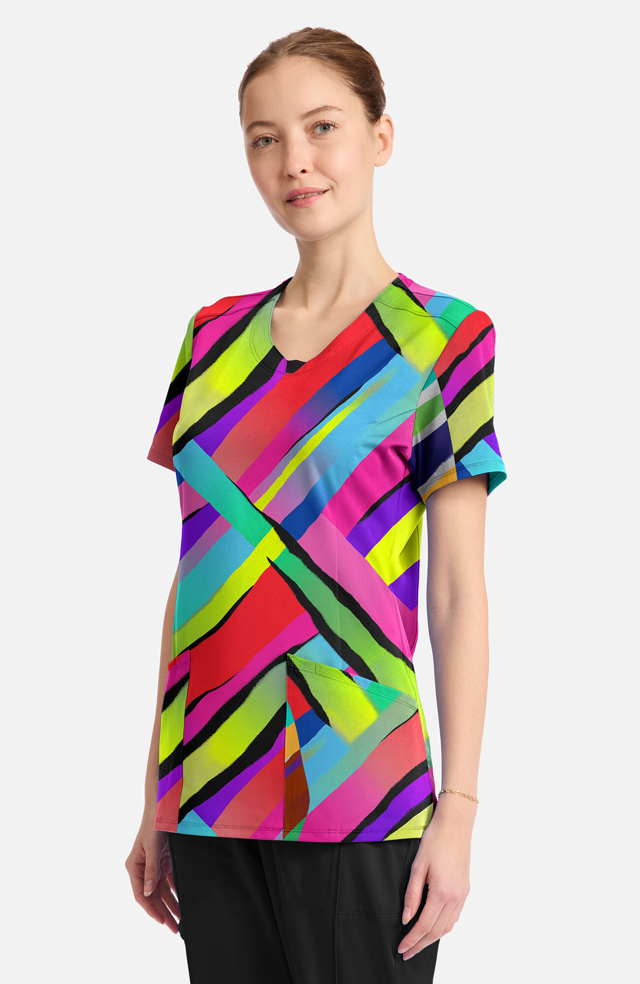 Women's Round Neck Color Block Stripe Print Scrub Top, , large