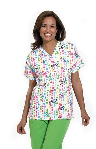 Clearance Women's V-Neck 2 Pocket Butterfly Dots Print Scrub Top, , large