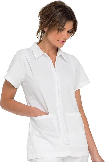 Clearance Women's Collared Zipper Front Student Tunic Solid Scrub Top