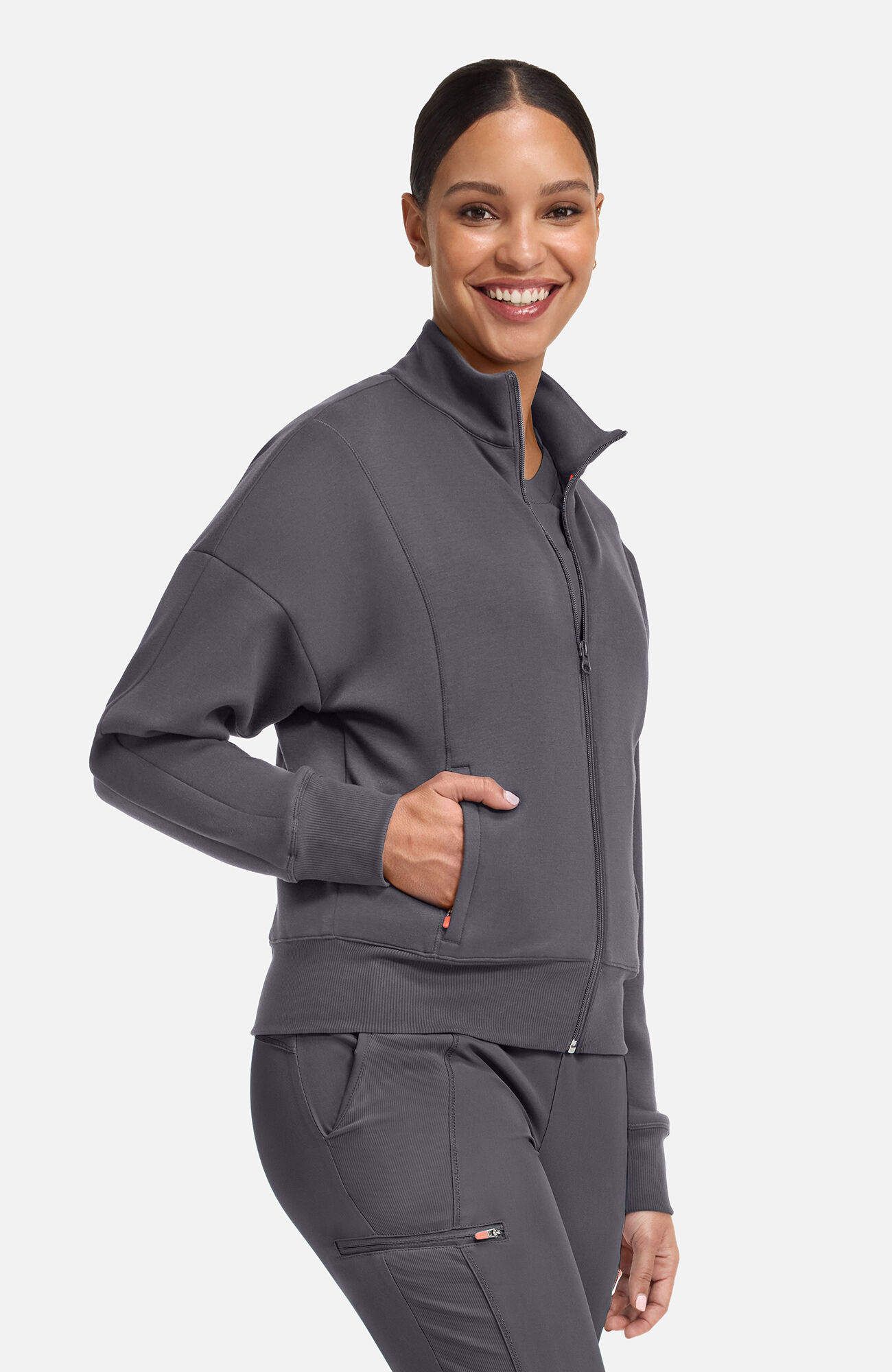 Women's Zip Front Dolman Cropped Scrub Jacket, , large