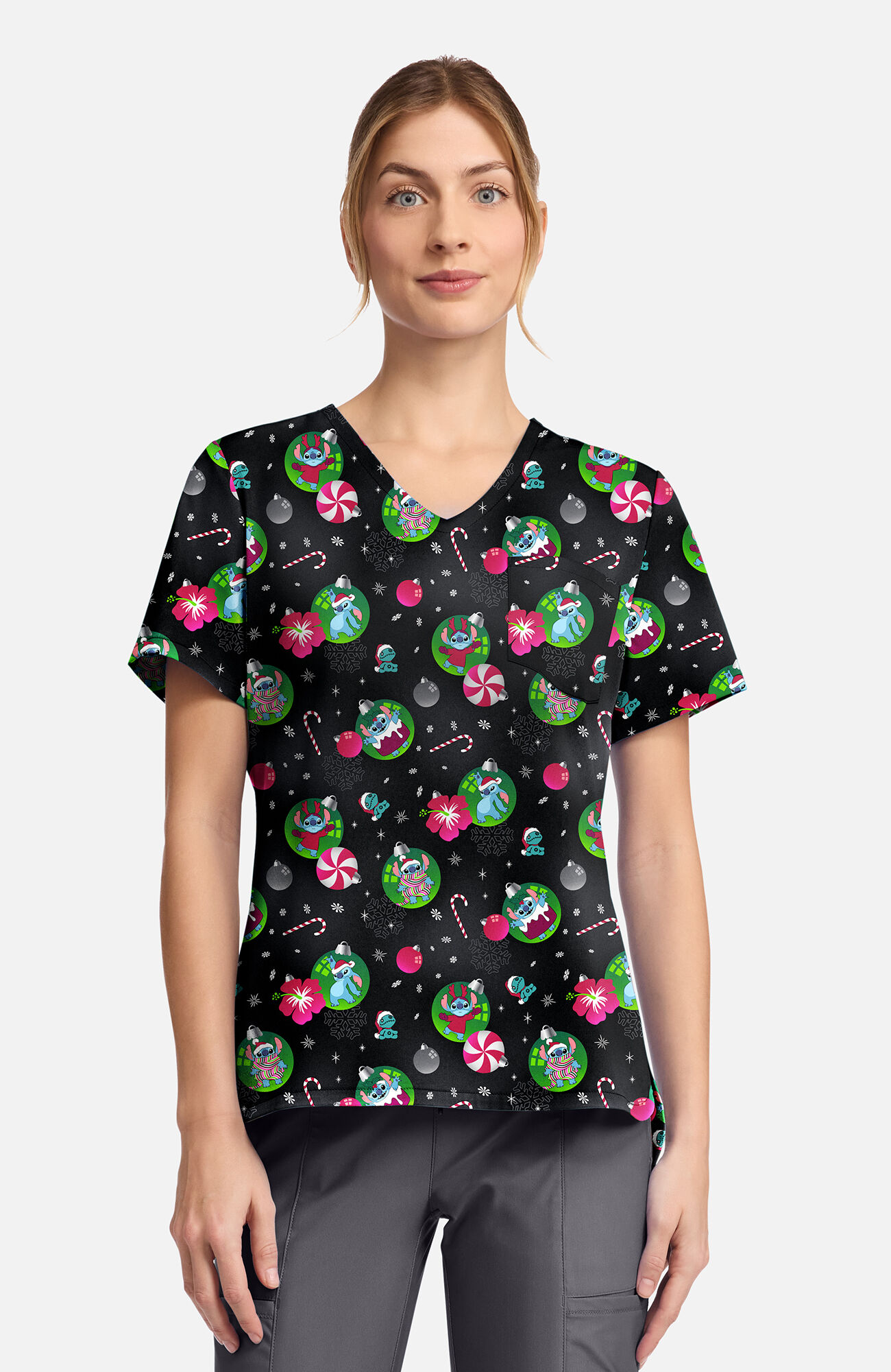 Women's Baubles And Bulbs Print Scrub Top, , large