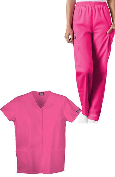 Women's Snap Front Solid Scrub Top & Elastic Waistband Cargo Sc, , large