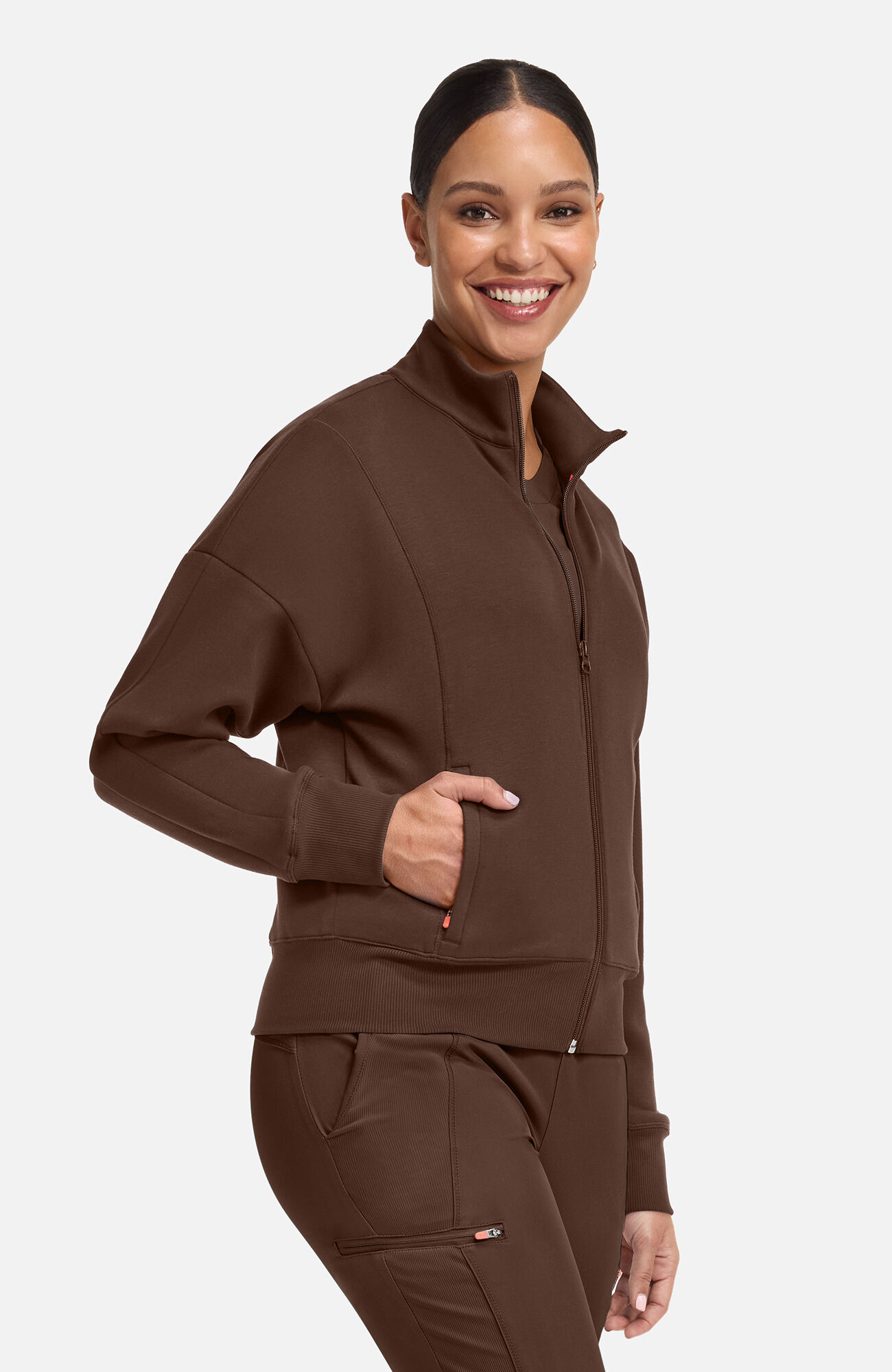 Women's Zip Front Dolman Cropped Scrub Jacket, EXE Espresso Express | brown, large