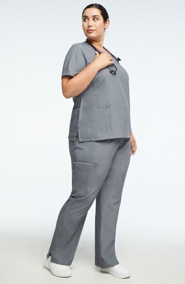 Clearance Women's Notched Solid Scrub Top & Cargo Scrub Pant Set, , large