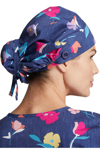 Women's Bouffant Denim Garden Print Scrub Hat, , large