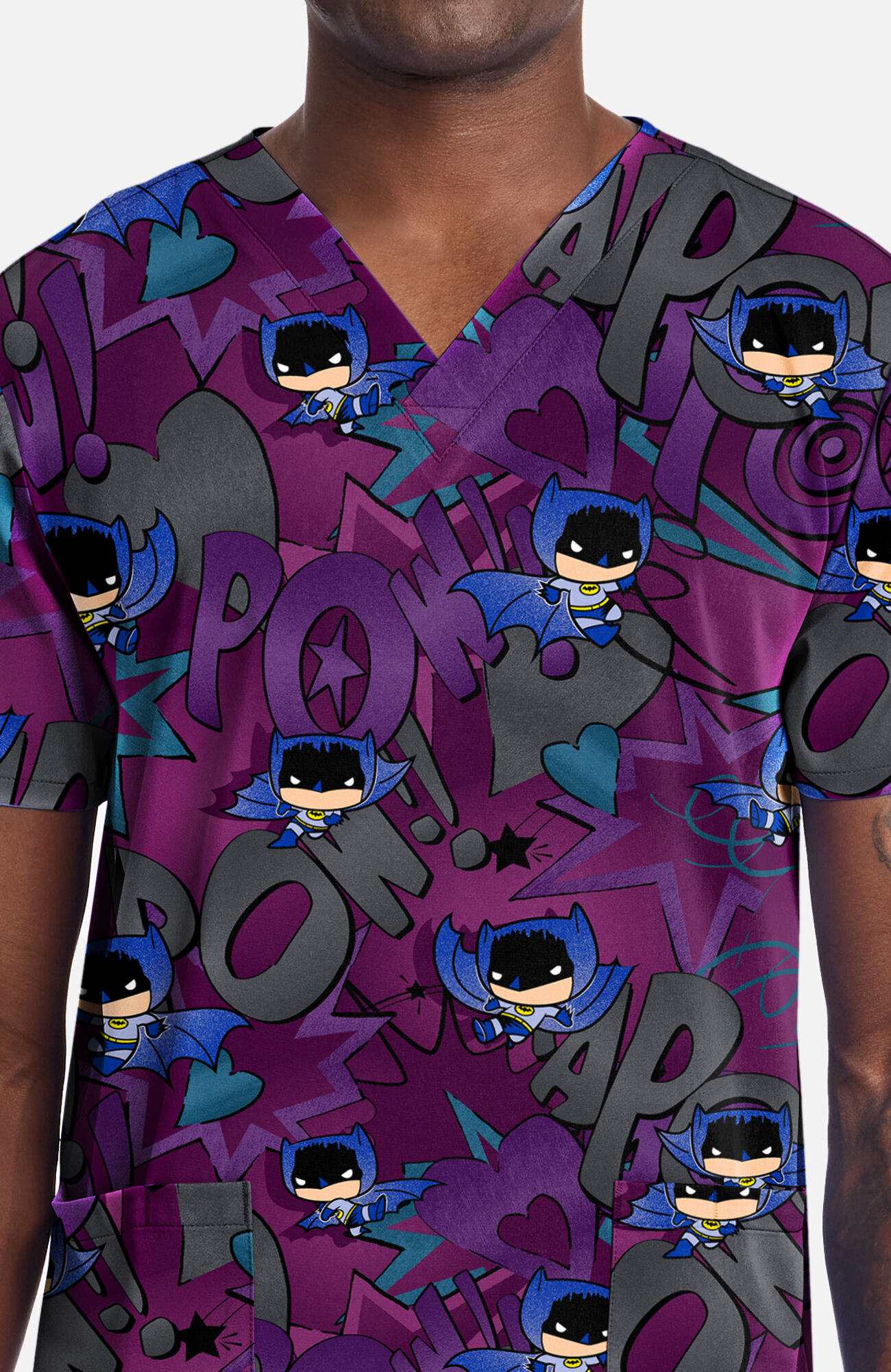 Men's Comic Hero Print Scrub Top, , large