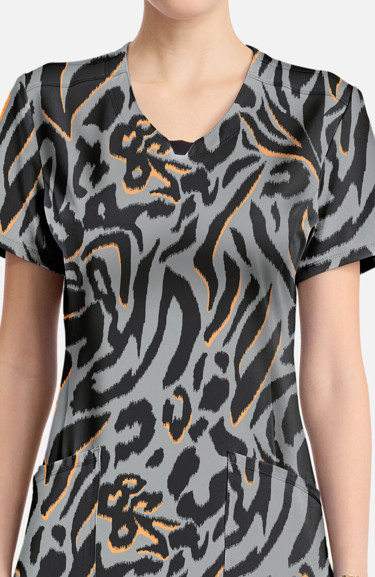 Women's Round Neck Big Cat Print Scrub Top, , large