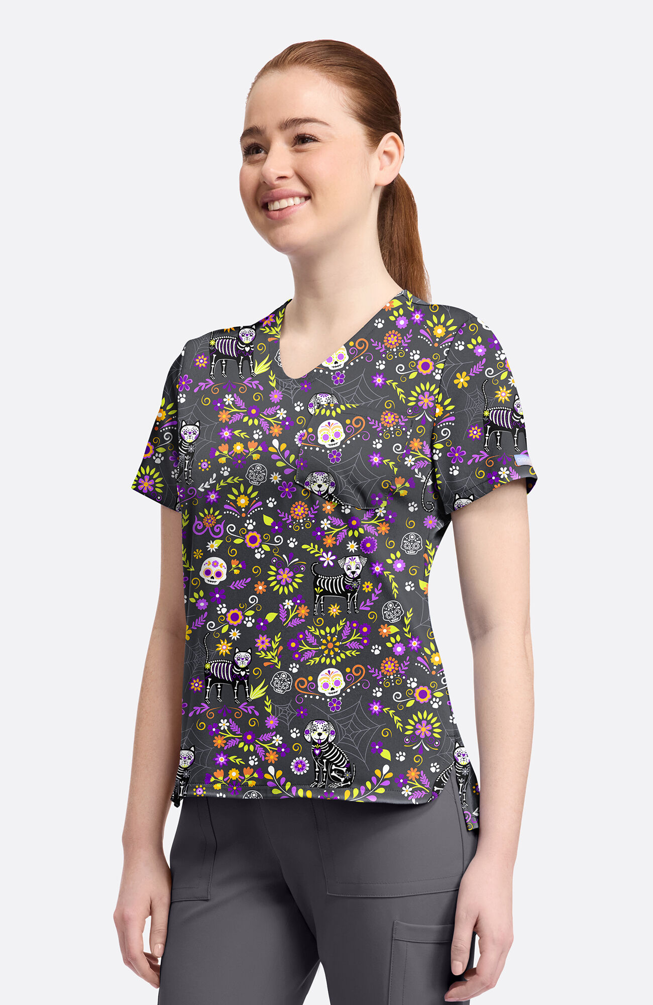 Women's Day Of The Pets Print Scrub Top, , large