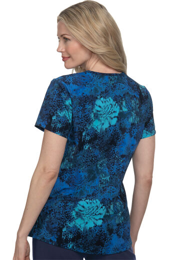 Clearance Women's Early Energy Ikat Floral Blue Print Scrub Top