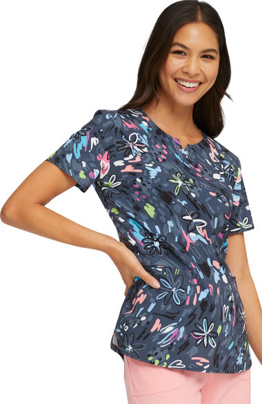 Clearance Women's Doodle Blooms Print Scrub Top, , large