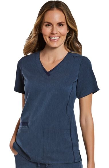 Clearance Women's Contrast Double V-Neck Solid Scrub Top, , large