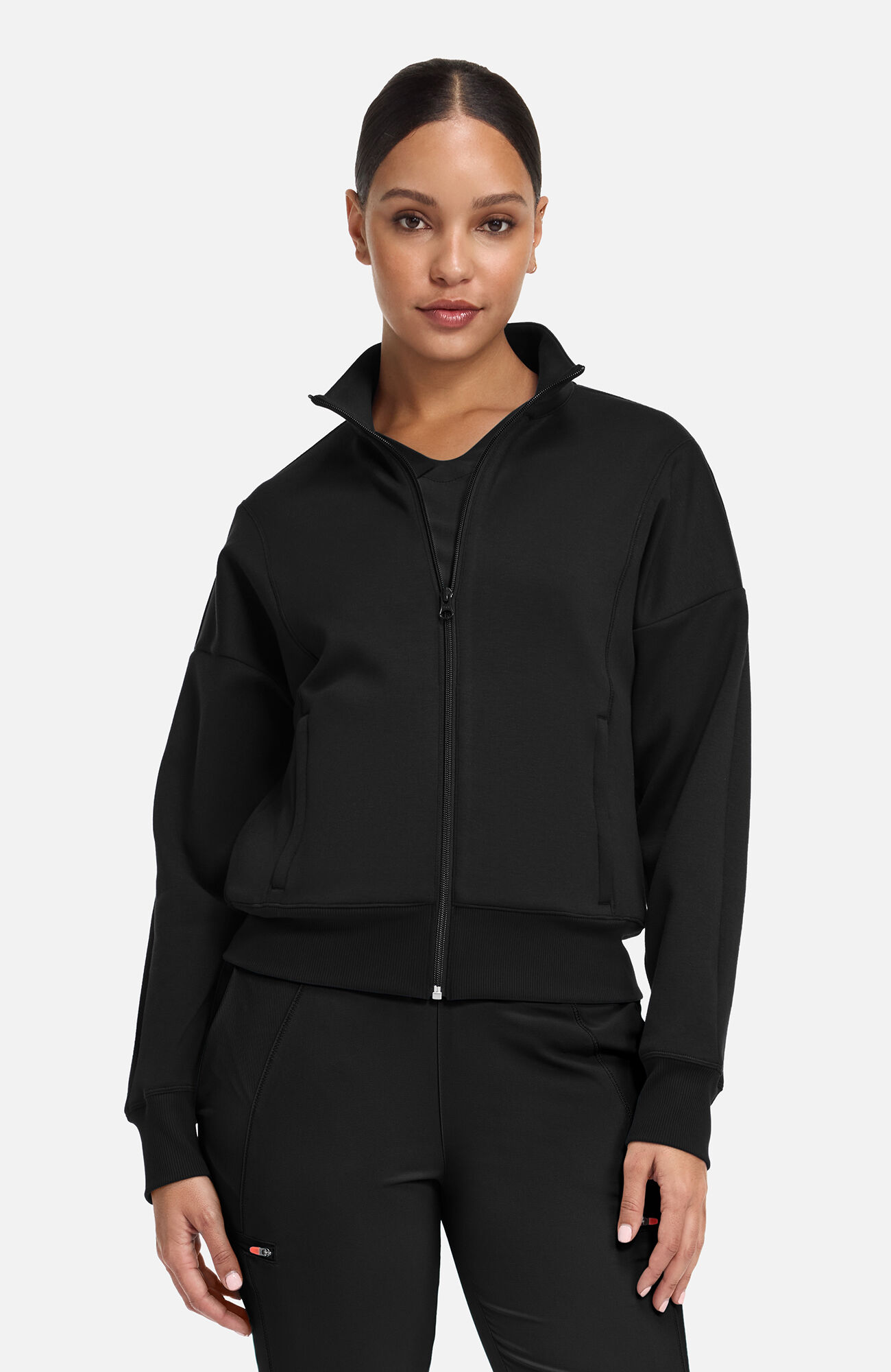 Women's Zip Front Dolman Cropped Scrub Jacket, BLK Black | black, large