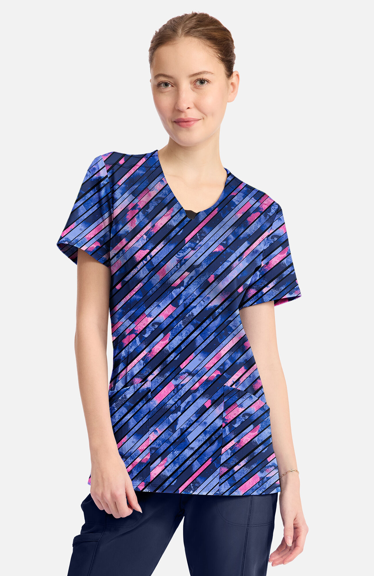 Women's Round Neck Staggered Marble Print Scrub Top