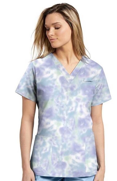 Clearance Women's Blue Tie Dye Print Scrub Top, , large