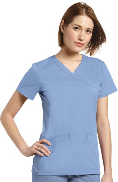 Clearance Women's Mock Wrap Knit Side Panel Solid Scrub Top, , large
