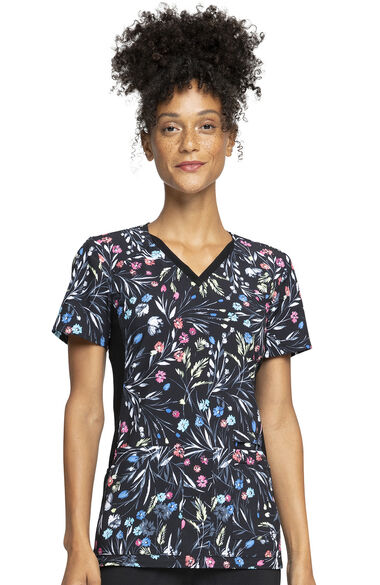 Clearance Women's Knit Panel Breezy Buds Print Scrub Top, , large