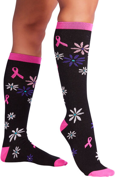 Women's 8-12 mmHg Pink Ribbon Garden Print Support Sock, , large