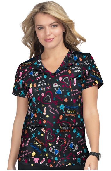 Clearance Women's Leslie V-Neck Germ Free Zone Print Scrub Top, , large