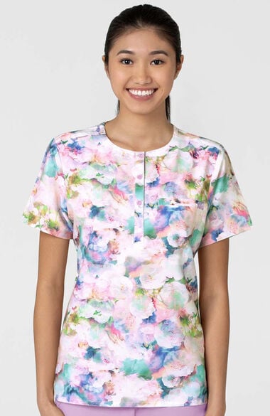 Women's Round Neck Marble Blossom Print Scrub Top, , large