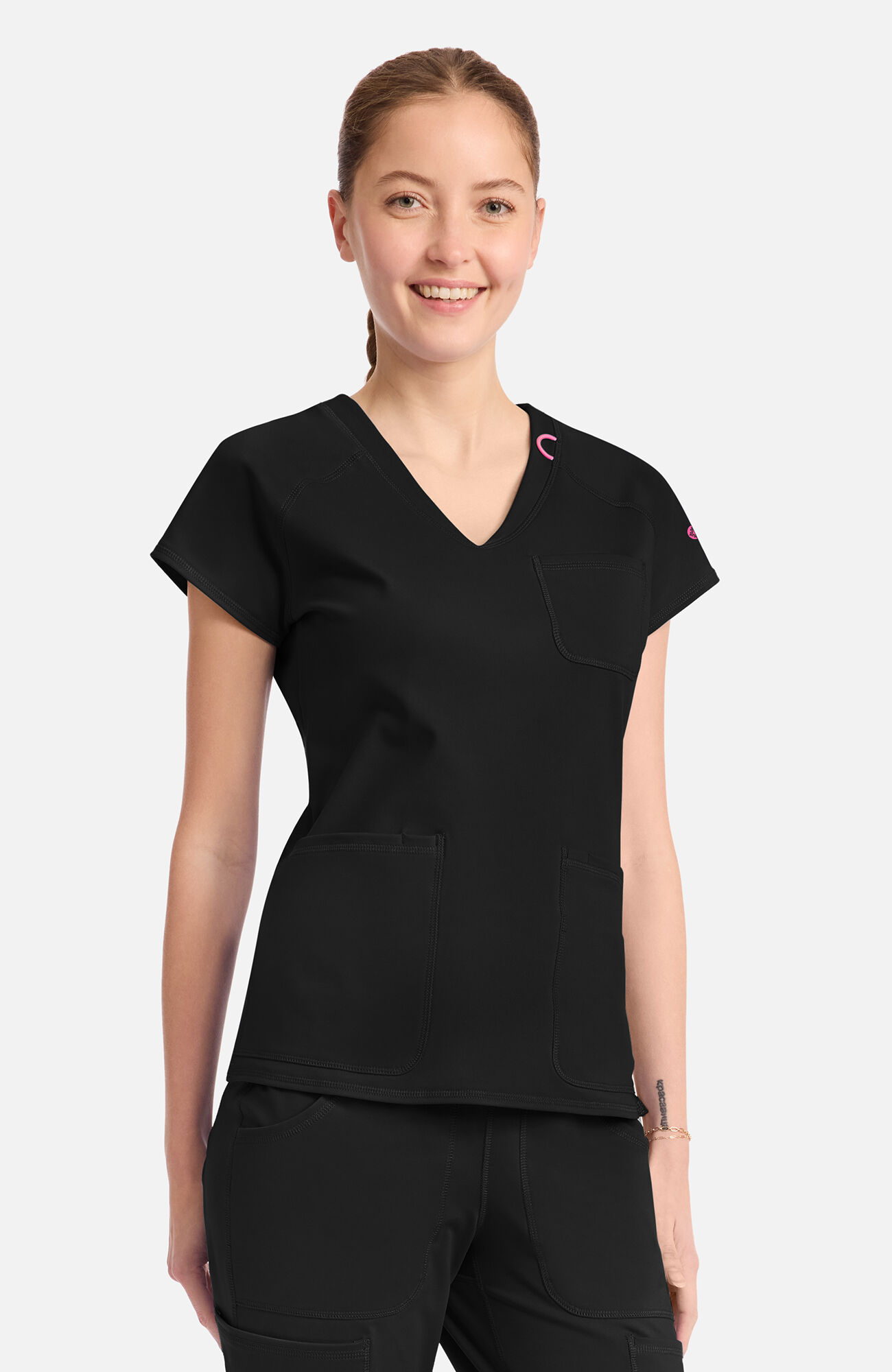 Women's Knit Raglan V-Neck Scrub Top, BLK Black | black, large