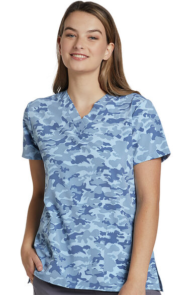 Women's Blue and Khaki Print Scrub Top, , large