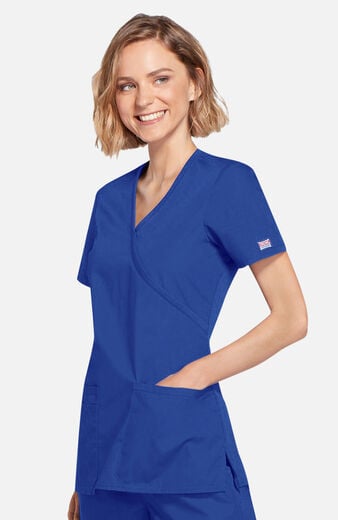 Women's Mock Wrap Knit Panel Solid Scrub Top Women's Mock Wrap Knit Panel Solid Scrub Top