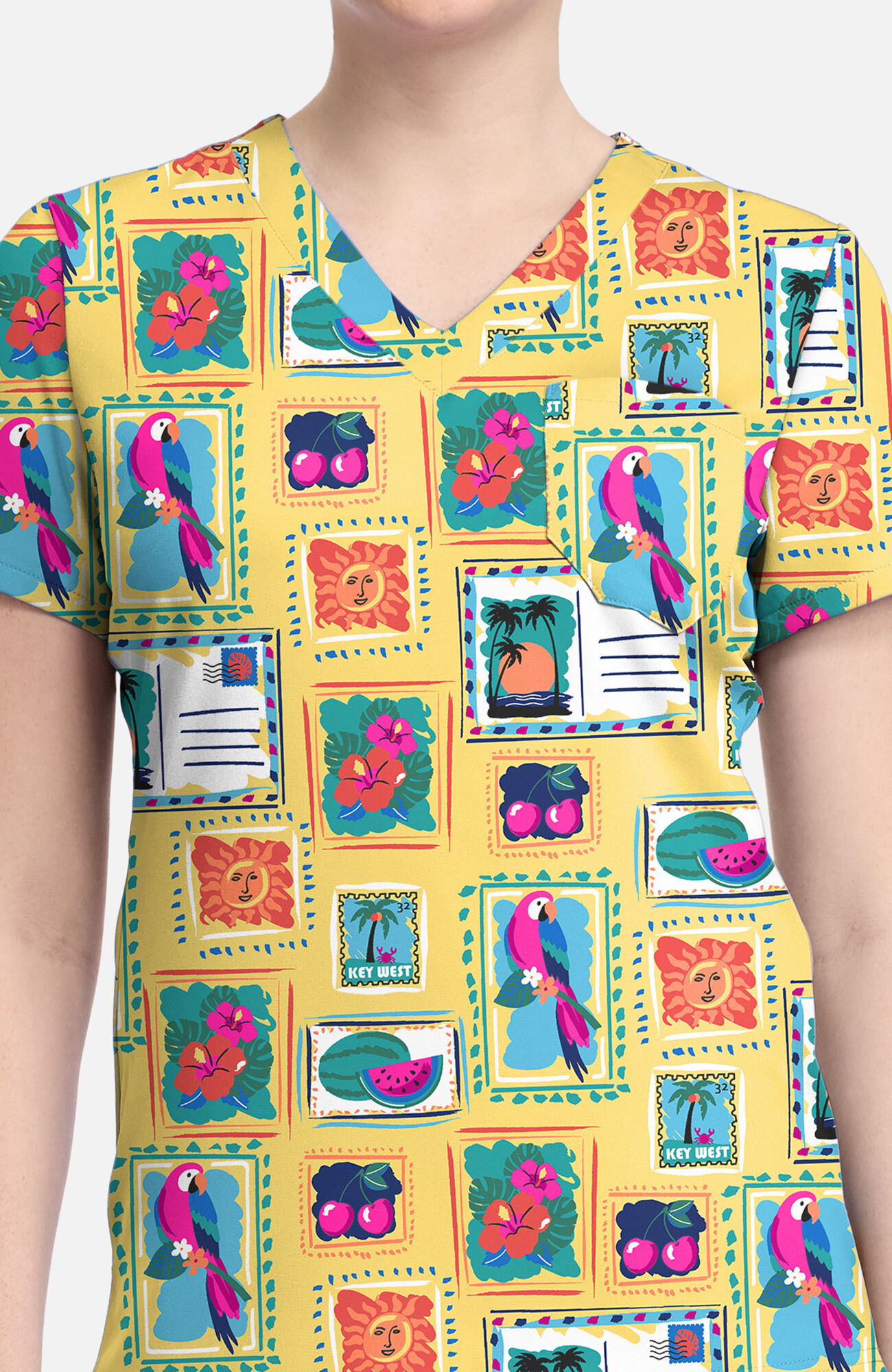 Women's V-Neck Vacation Post Card Print Scrub Top, , large