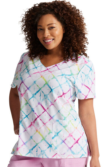 Women's Groovy Grid Print Scrub Top, , large