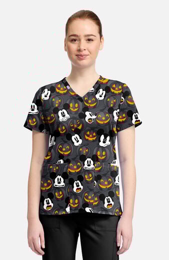Women's Mickey Scaredy Pumpkin Print Scrub Top Women's Mickey Scaredy Pumpkin Print Scrub Top