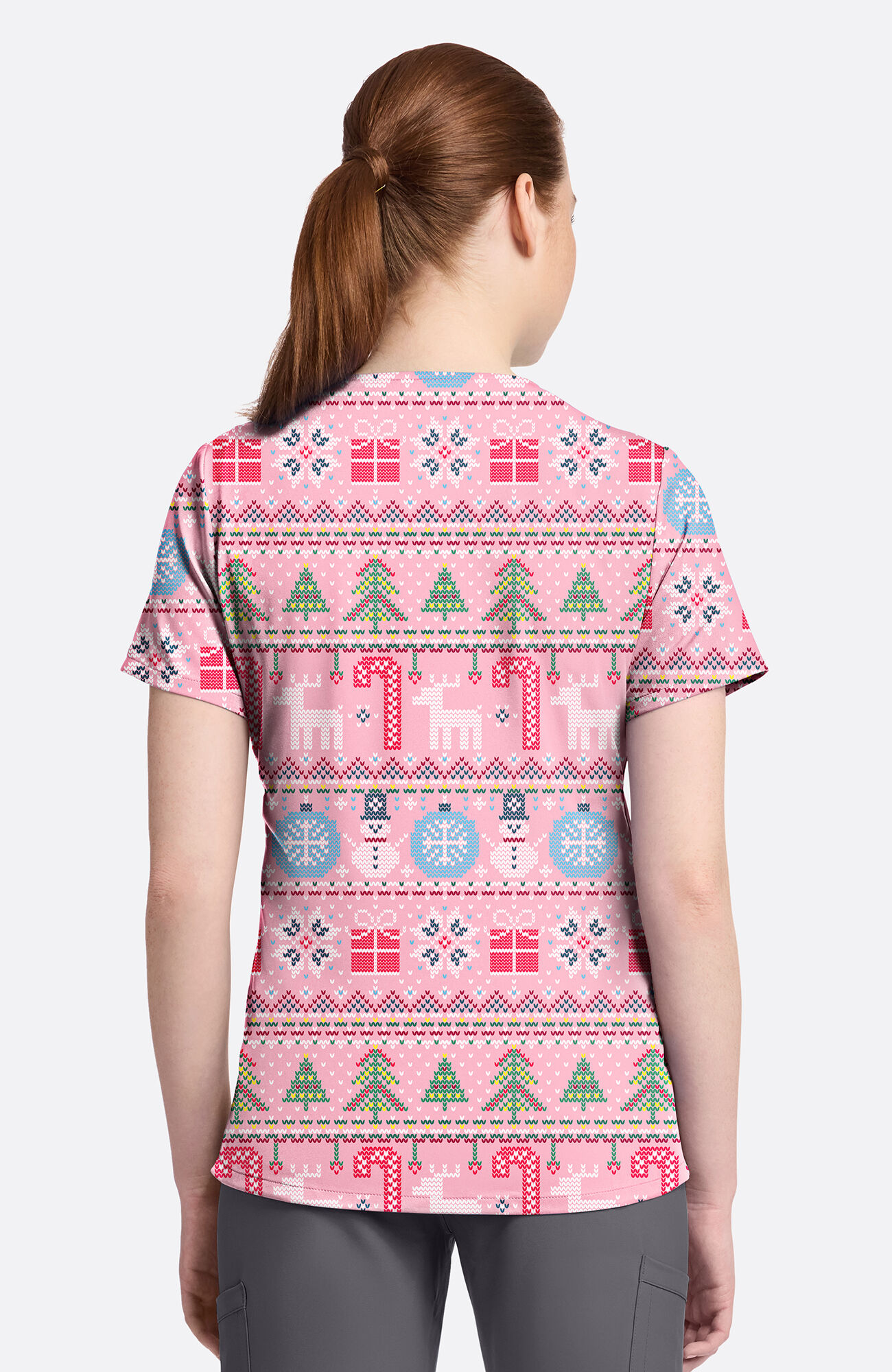 Women's Festive Fair Isle Print Scrub Top, , large